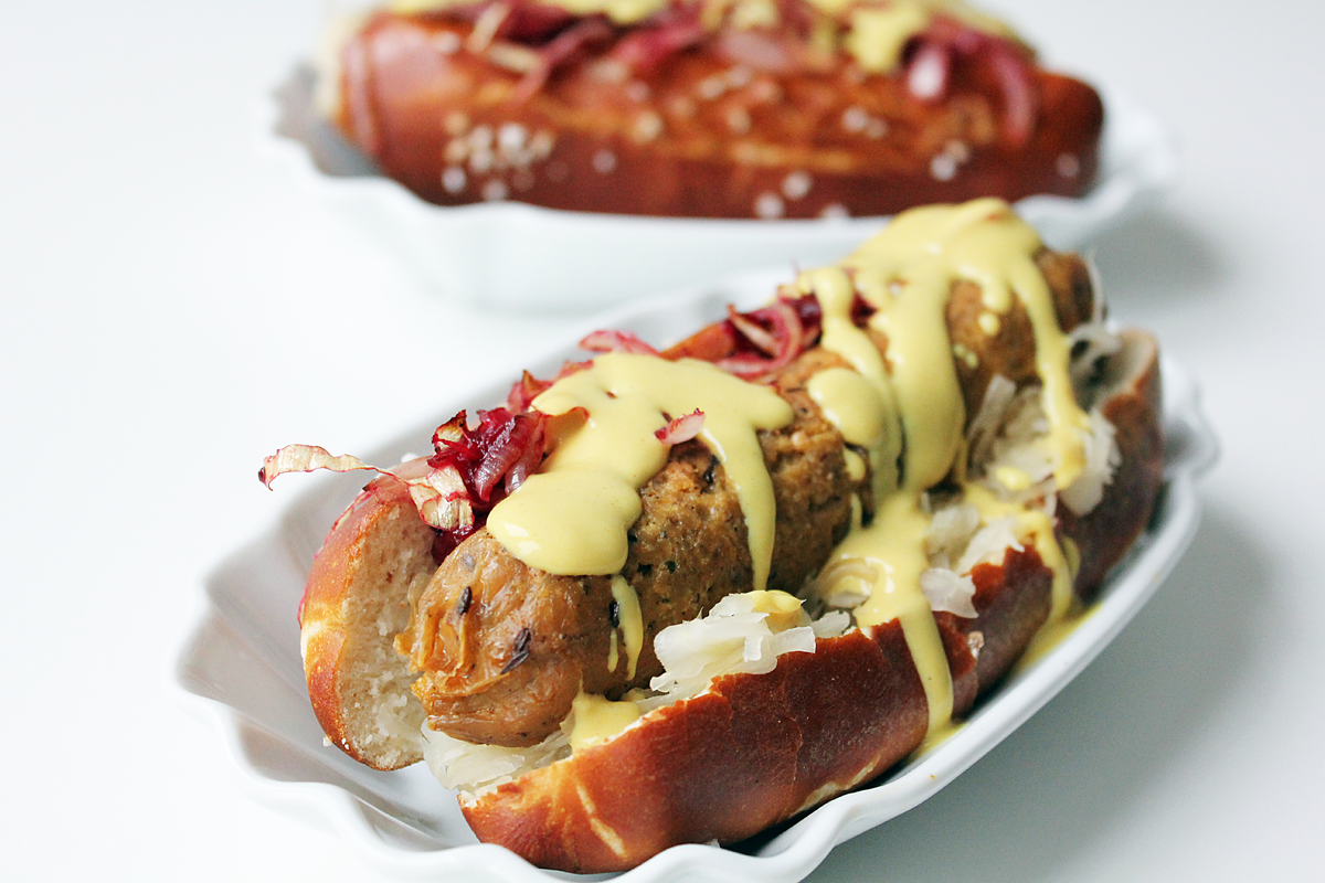 Bavarian Hot Dog With Vegan Bratwurst And Sauerkraut 