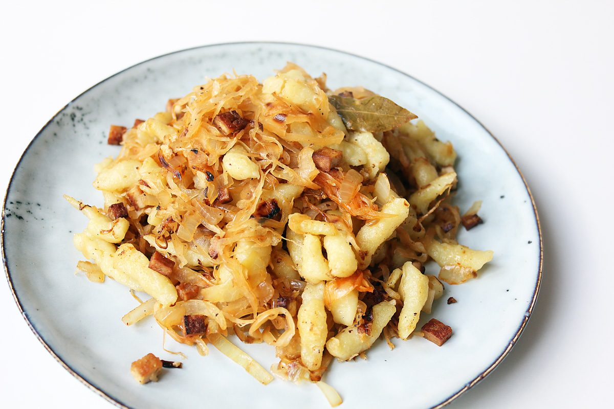 Sauerkraut Spaetzle with Smoked Tofu - Cheap And Cheerful Cooking