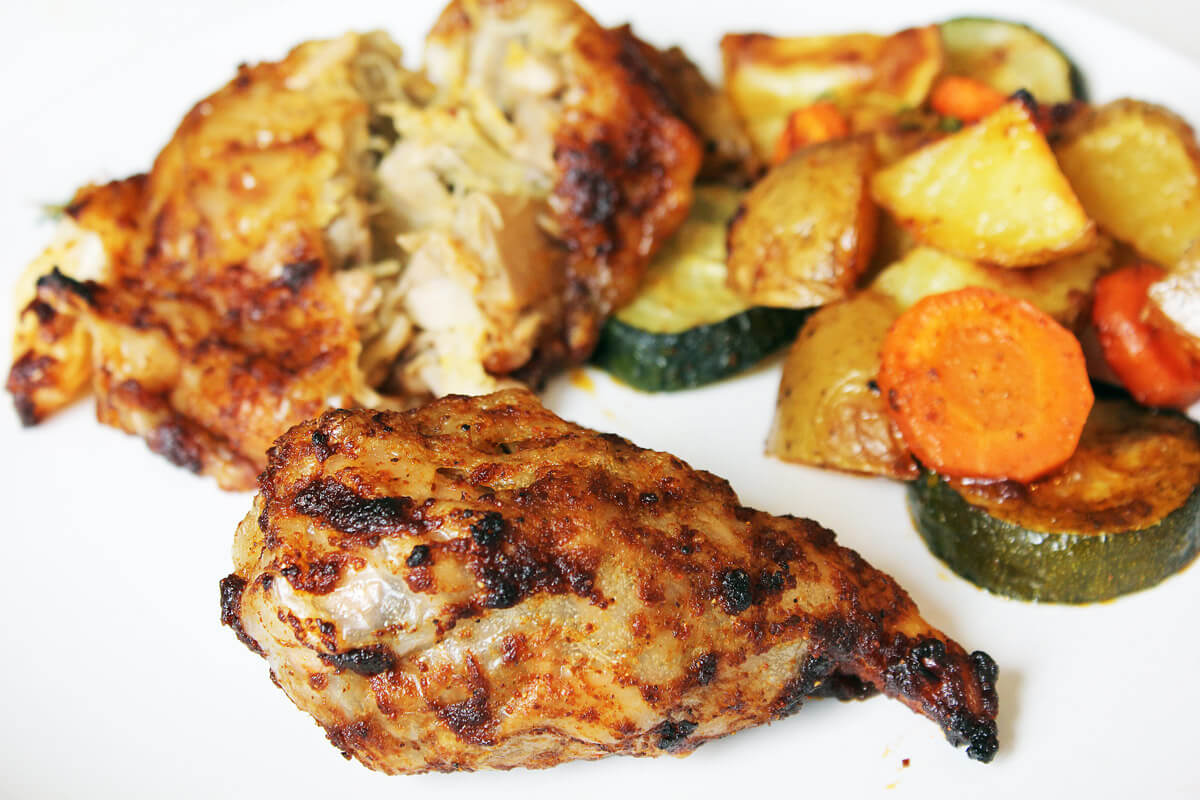 Vegan Chicken Drumsticks On Roasted Vegetables