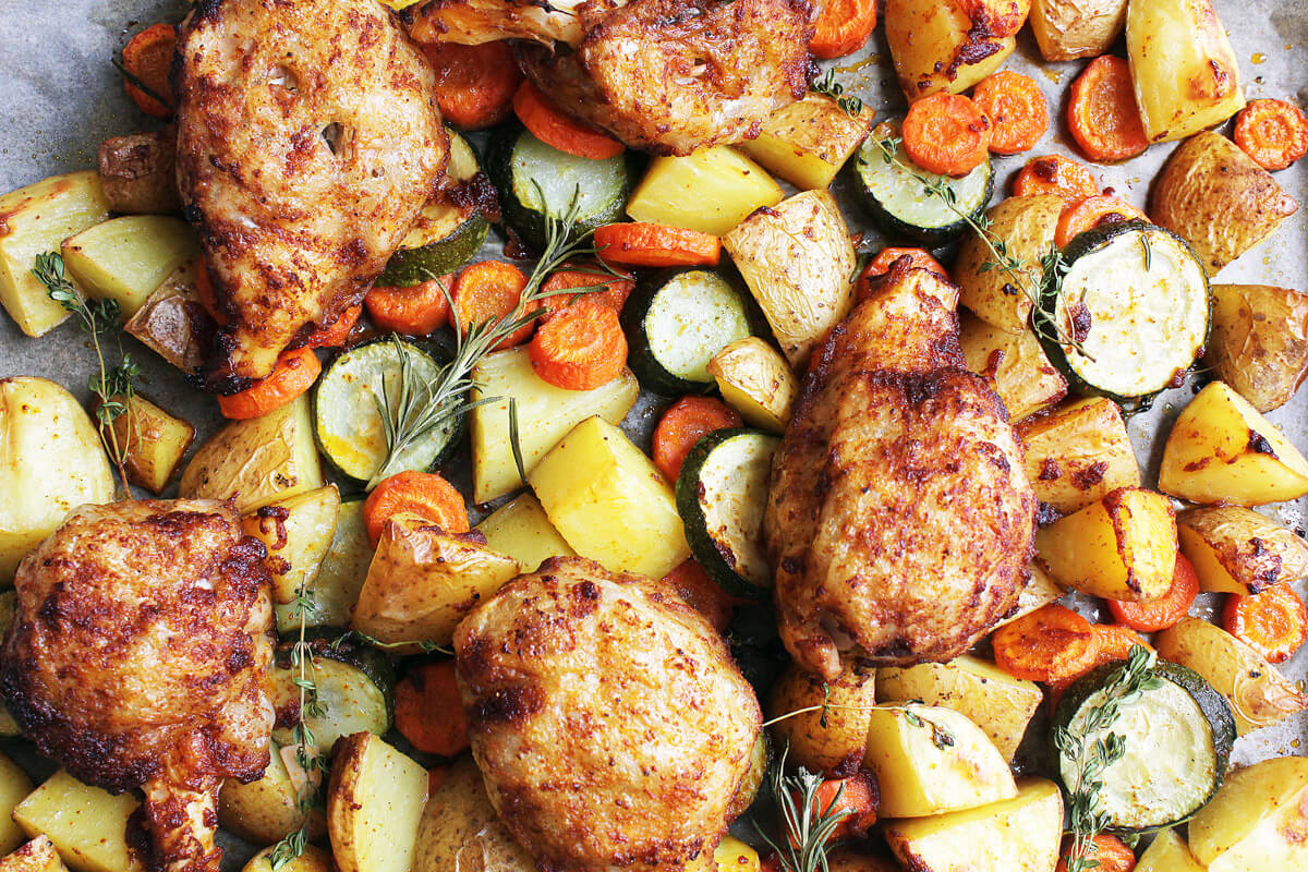 Vegan Chicken Drumsticks On Roasted Vegetables