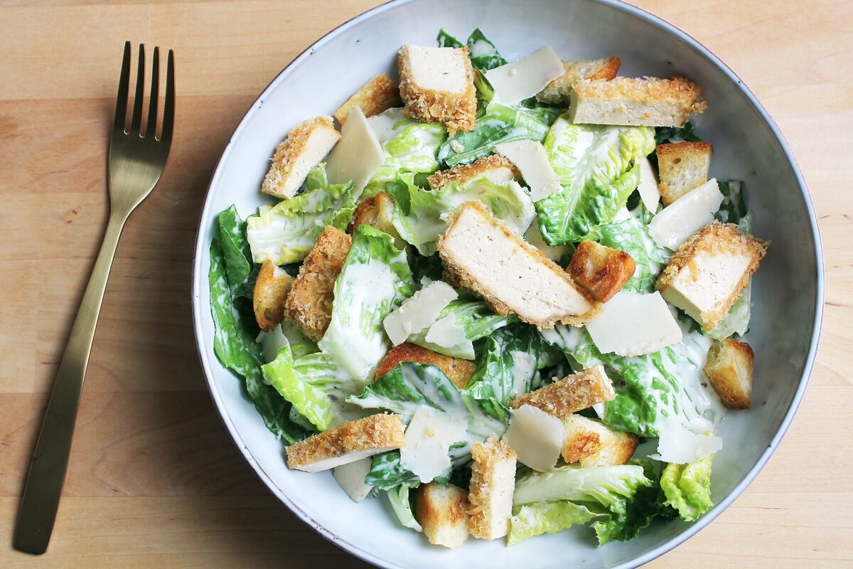 Vegan Caesar Salad With Crunchy Tofu