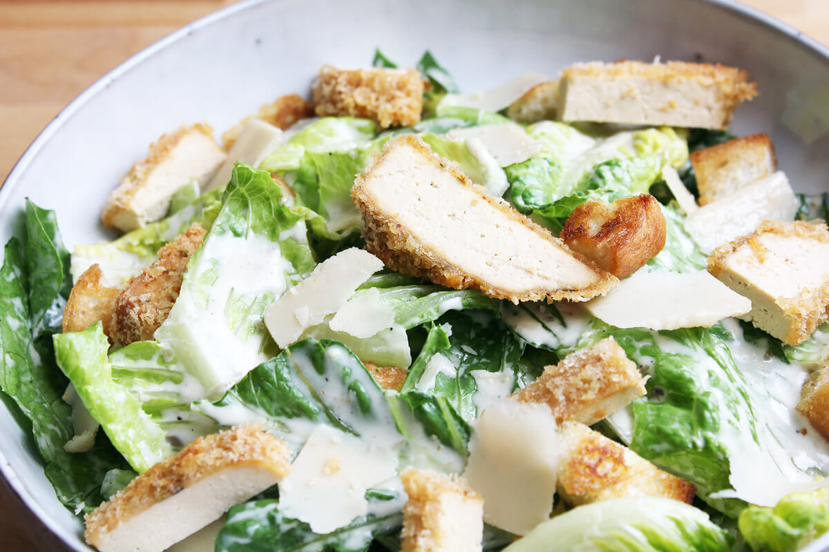 Vegan Caesar Salad With Crunchy Tofu