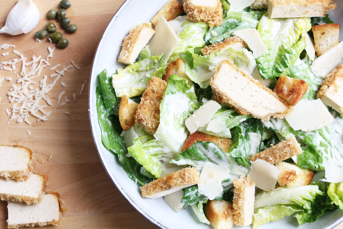 Vegan Caesar Salad With Crunchy Tofu