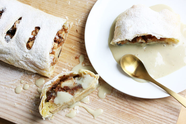 Vegan Puff Pastry Apple Strudel With Vanilla Sauce