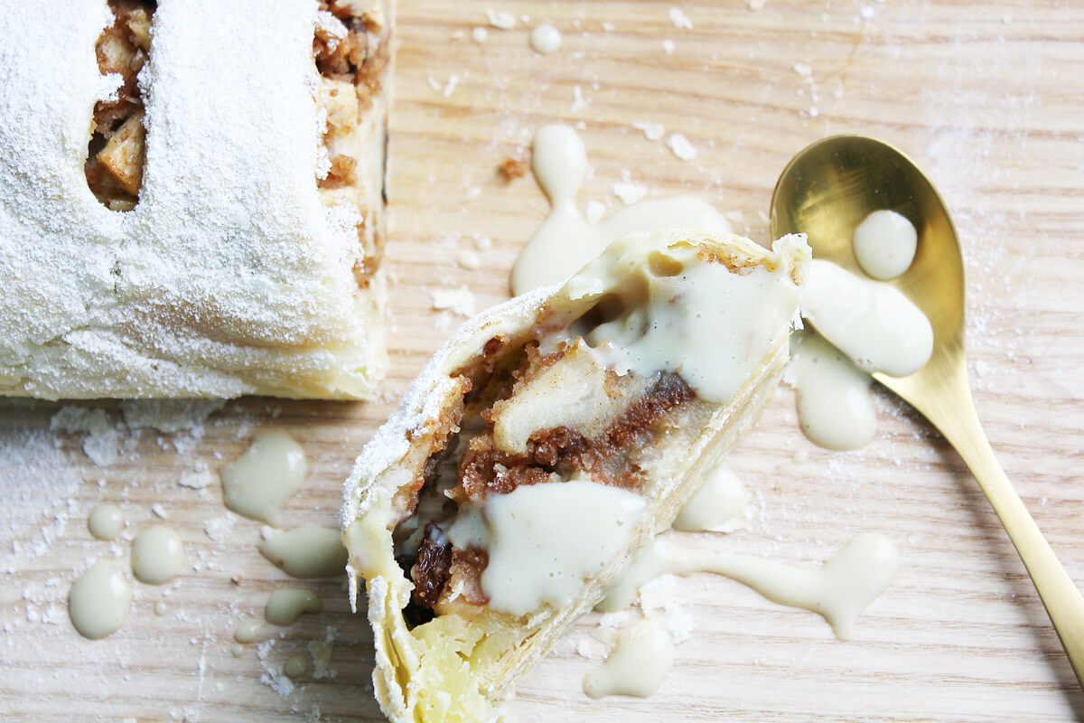 Vegan Puff Pastry Apple Strudel With Vanilla Sauce