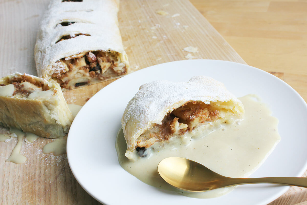 Vegan Puff Pastry Apple Strudel With Vanilla Sauce