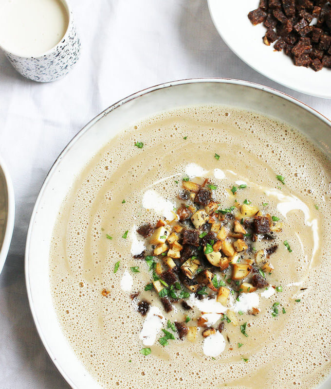 Vegan Chestnut Soup with Mushrooms and Croutons