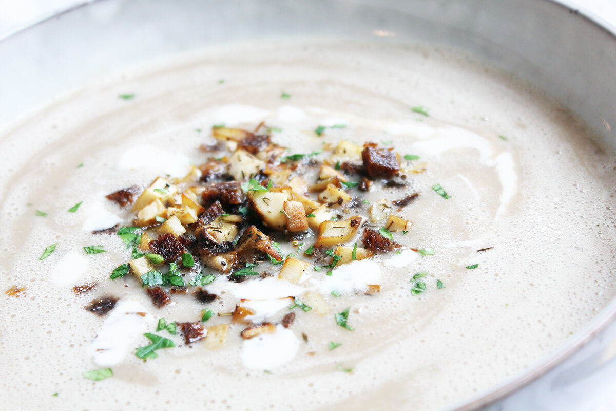 Vegan Chestnut Soup with Mushrooms and Croutons