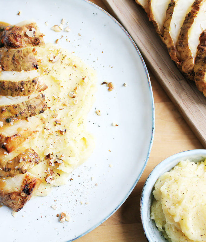 Baked Celeriac with Mashed Potatoes and Creamy Cognac Pepper Sauce