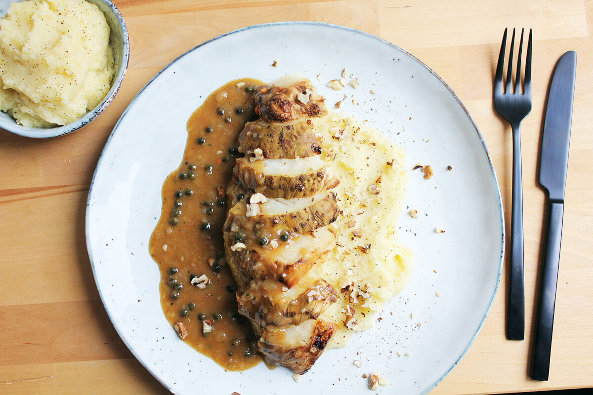 Baked Celeriac with Mashed Potatoes and Creamy Cognac Pepper Sauce