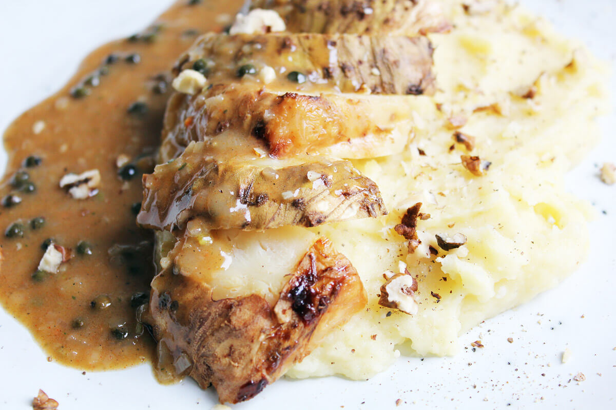 Baked Celeriac with Mashed Potatoes and Creamy Cognac Pepper Sauce