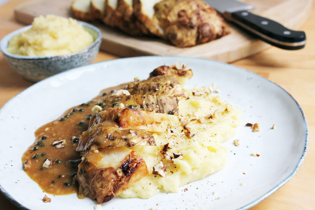 Baked Celeriac with Mashed Potatoes and Creamy Cognac Pepper Sauce