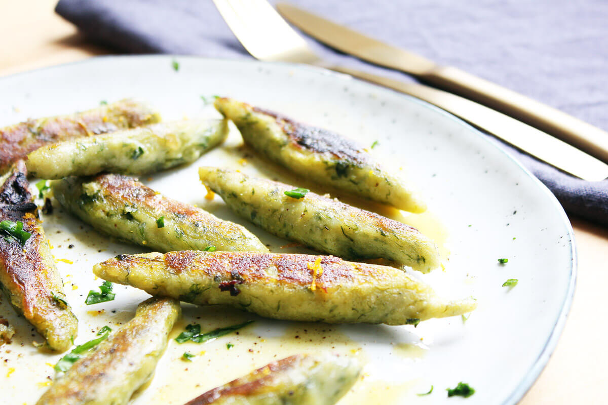 Vegan Wild Garlic Potato Dumpling Fingers With Orange Sauce