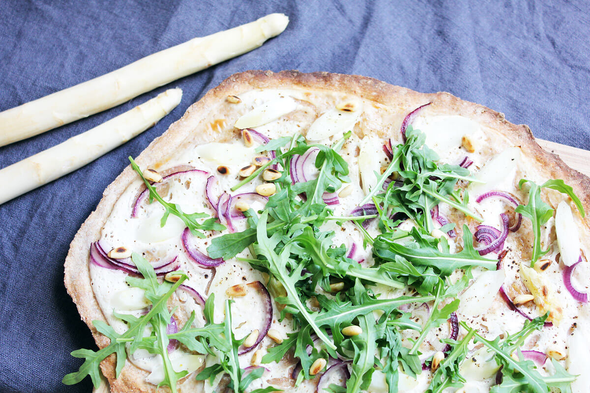 Vegan Asparagus Tarte Flambée with Rocket