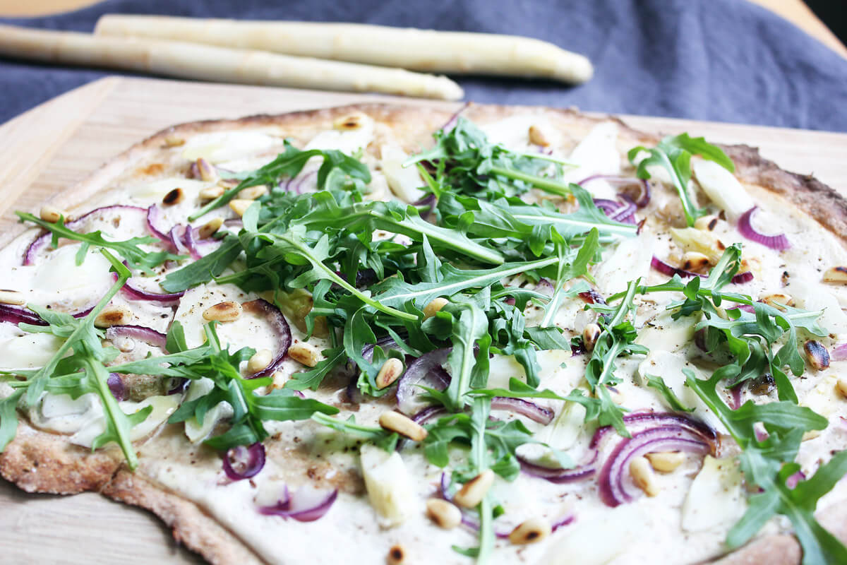 Vegan Asparagus Tarte Flambée with Rocket