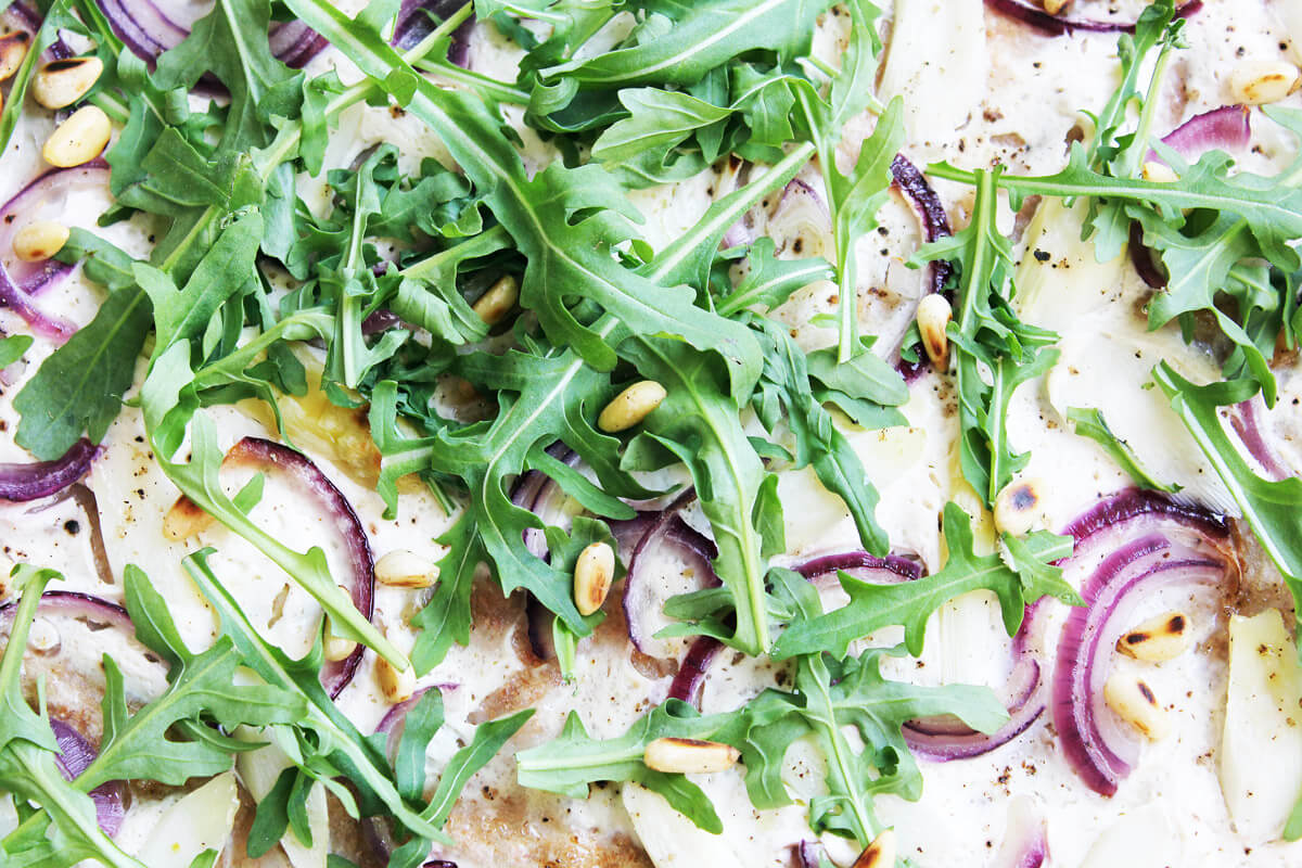 Vegan Asparagus Tarte Flambée with Rocket