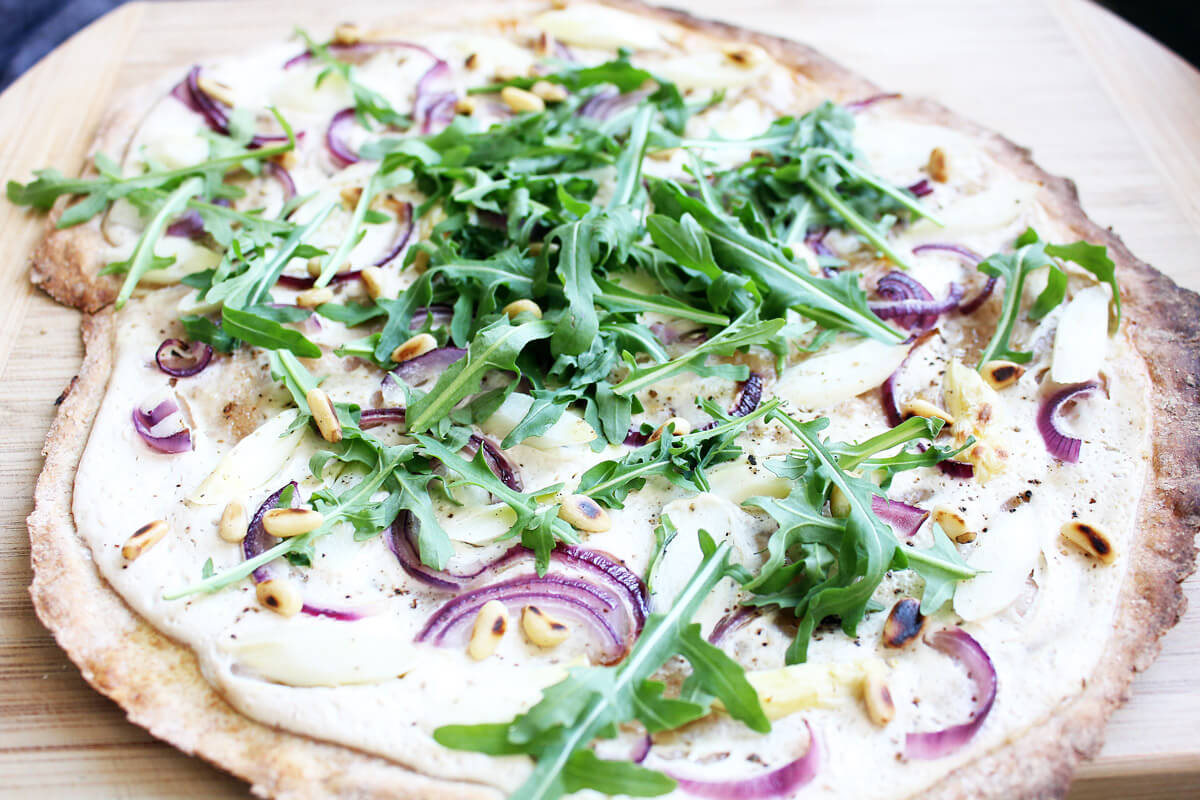 Vegan Asparagus Tarte Flambée with Rocket