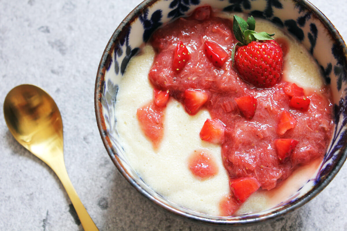 Vegan Semolina Pudding with Strawberry Rhubarb Compote