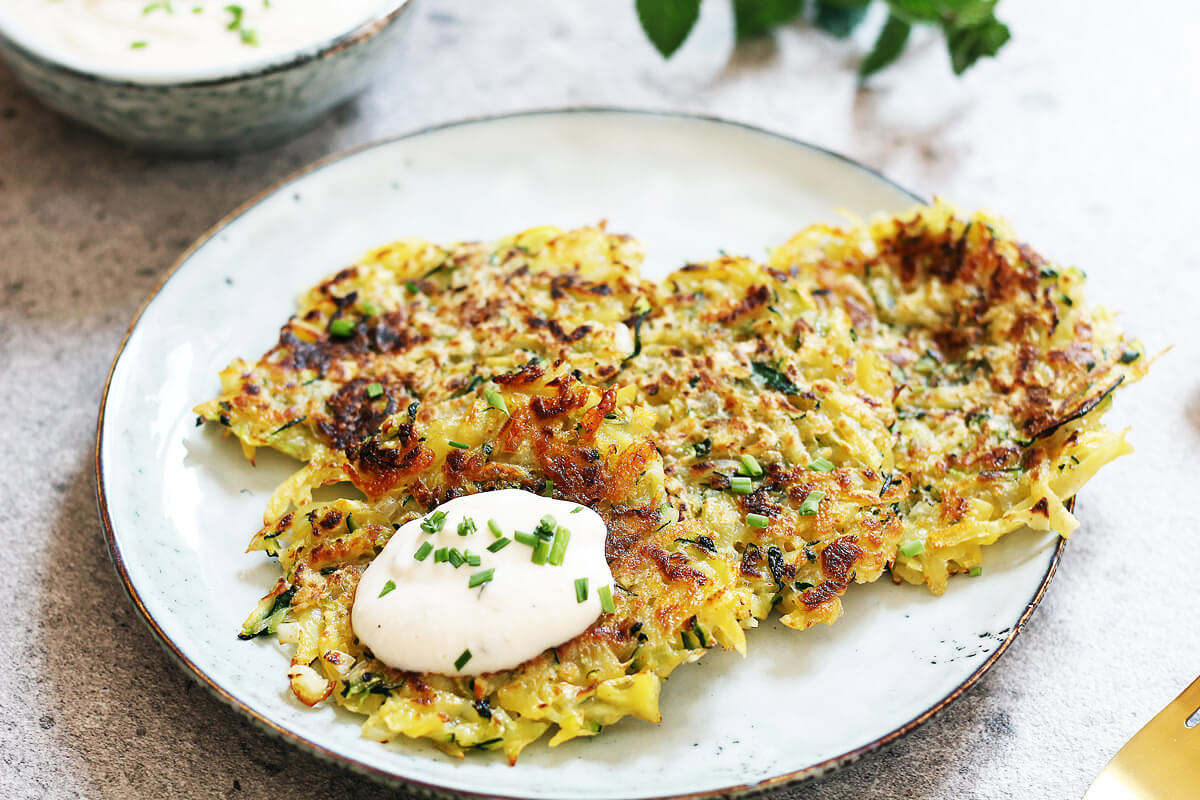 Vegan Zucchini Potato Pancakes with Yoghurt Dip