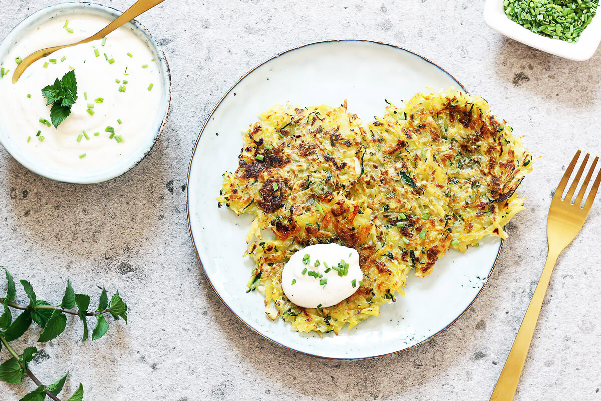 Vegan Zucchini Potato Pancakes with Yoghurt Dip