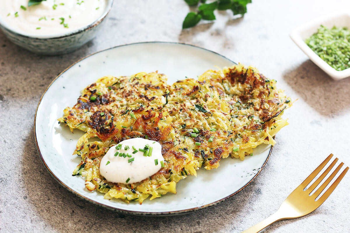 Vegan Zucchini Potato Pancakes with Yoghurt Dip