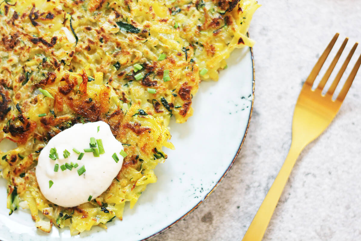 Vegan Zucchini Potato Pancakes with Yoghurt Dip