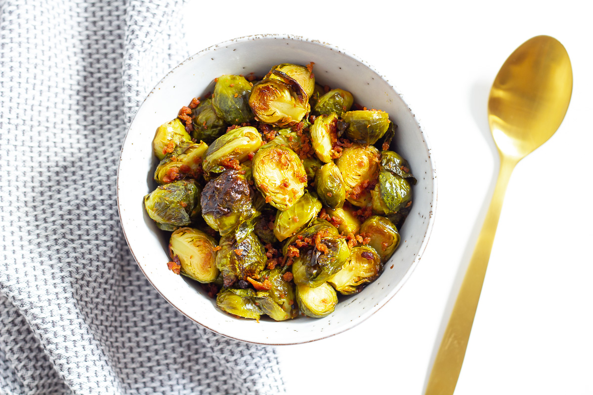Oven Roasted Brussels Sprouts with Vegan Bacon