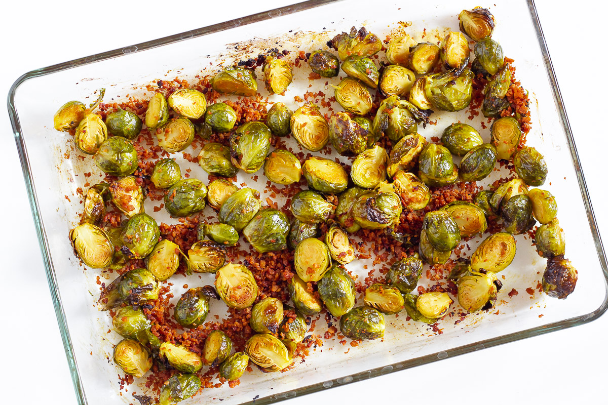 Oven Roasted Brussels Sprouts with Vegan Bacon