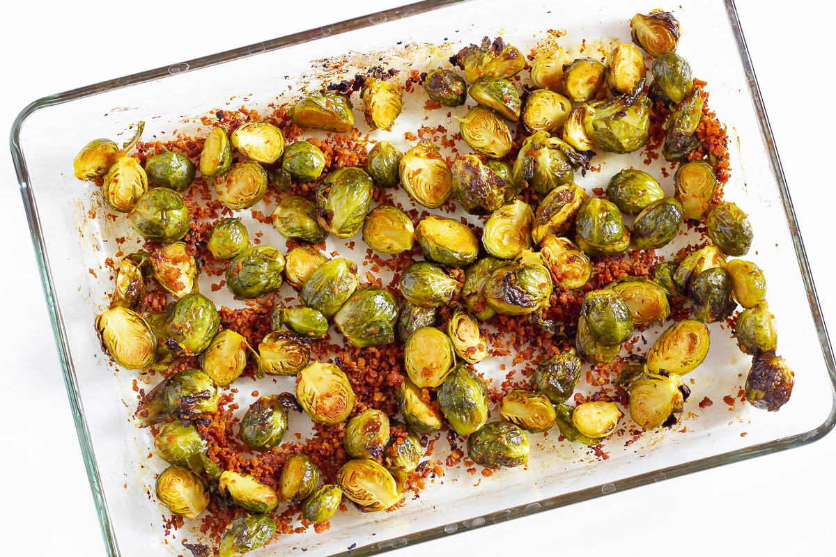 Oven Roasted Brussels Sprouts With Vegan Bacon Cheap And Cheerful Cooking