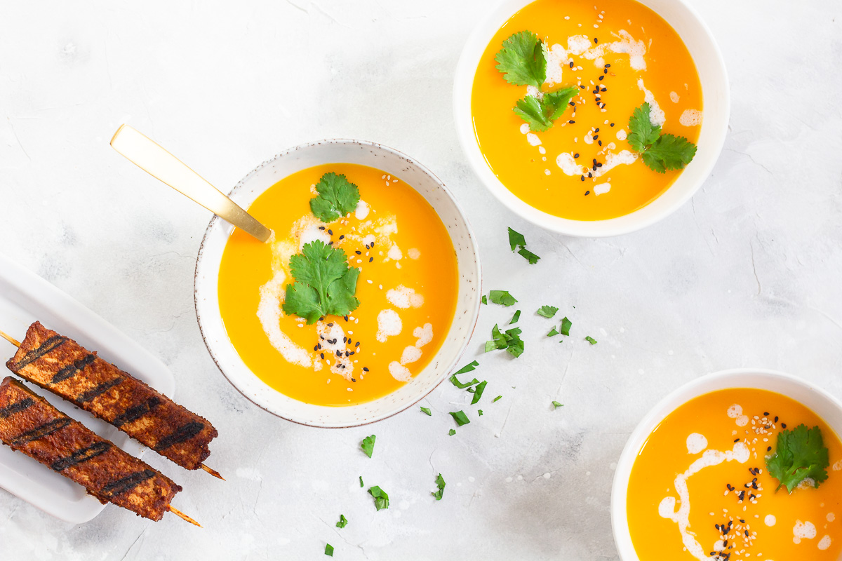 Vegan Thai Pumpkin Soup with Tofu Skewers