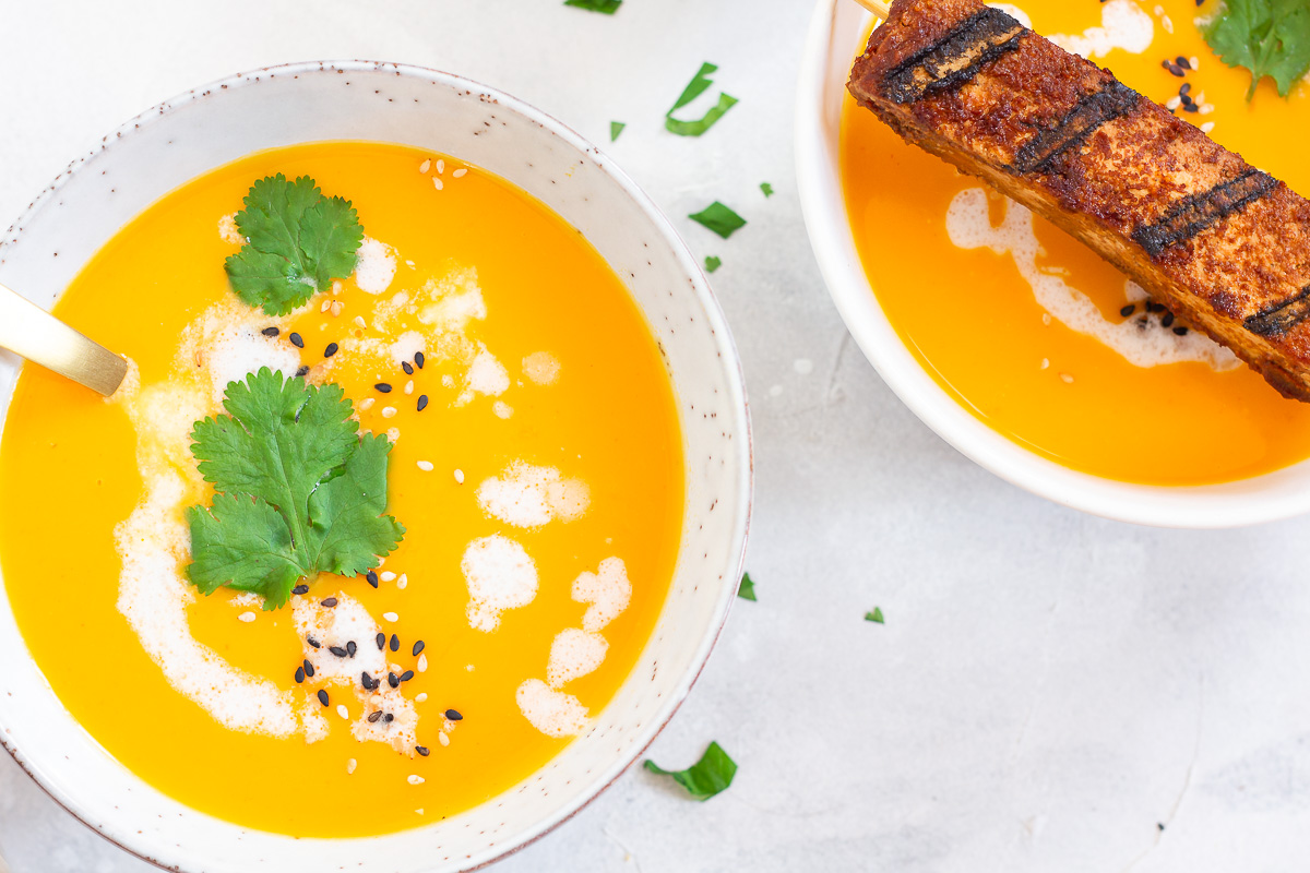 Vegan Thai Pumpkin Soup with Tofu Skewers