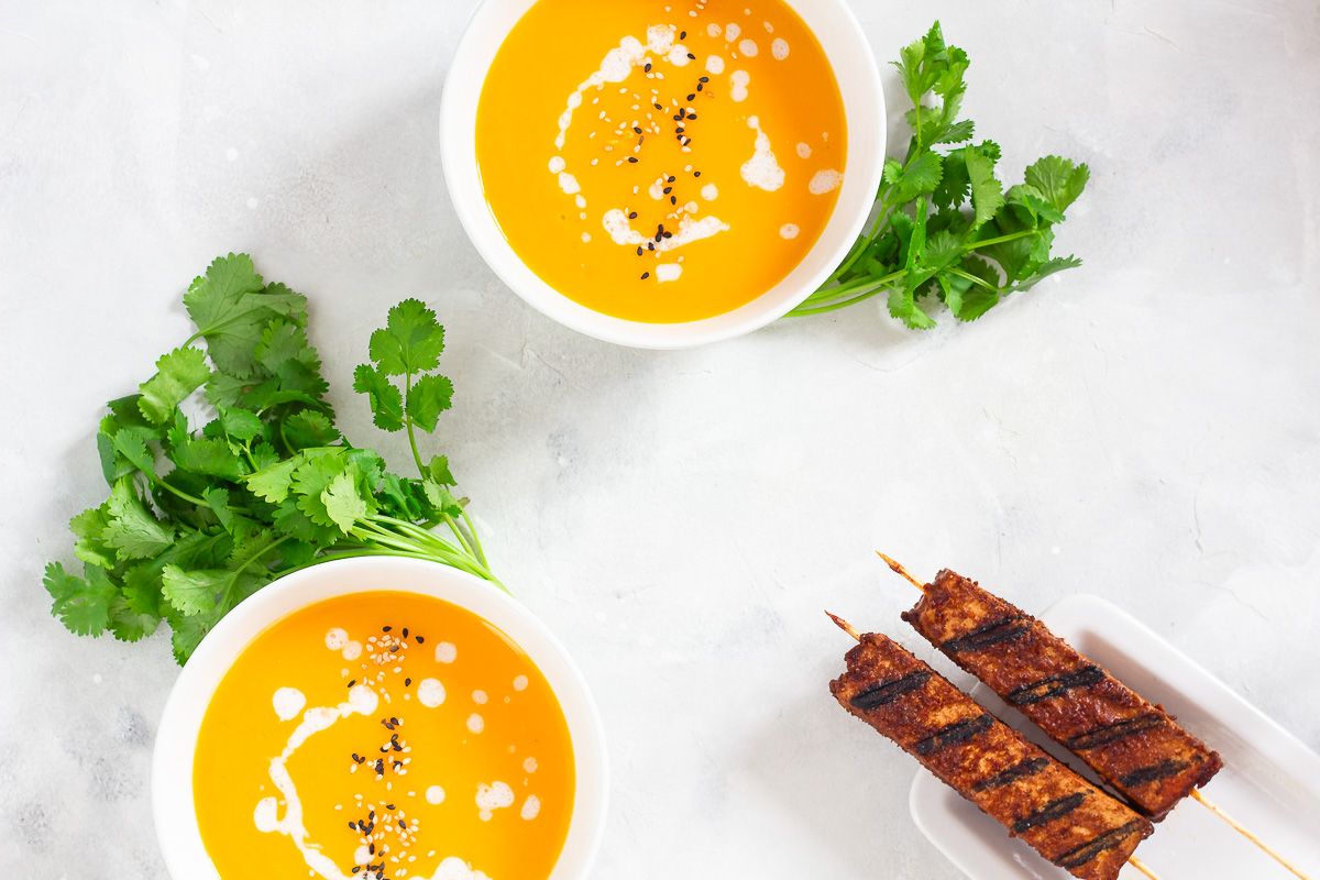 Vegan Thai Pumpkin Soup with Tofu Skewers