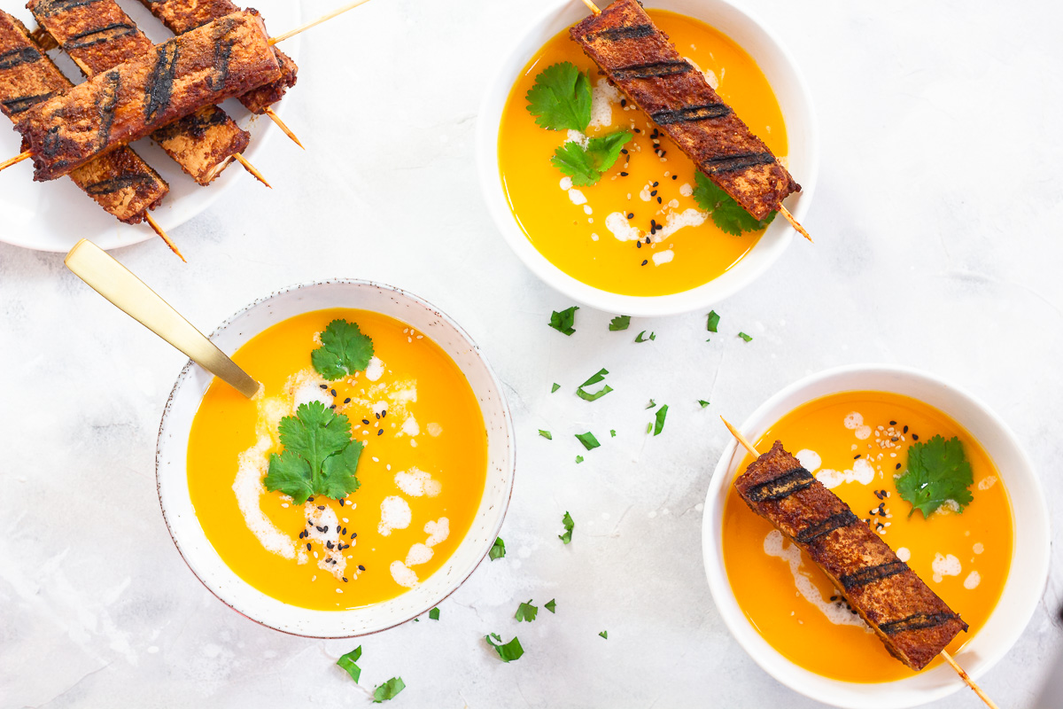 Vegan Thai Pumpkin Soup with Tofu Skewers