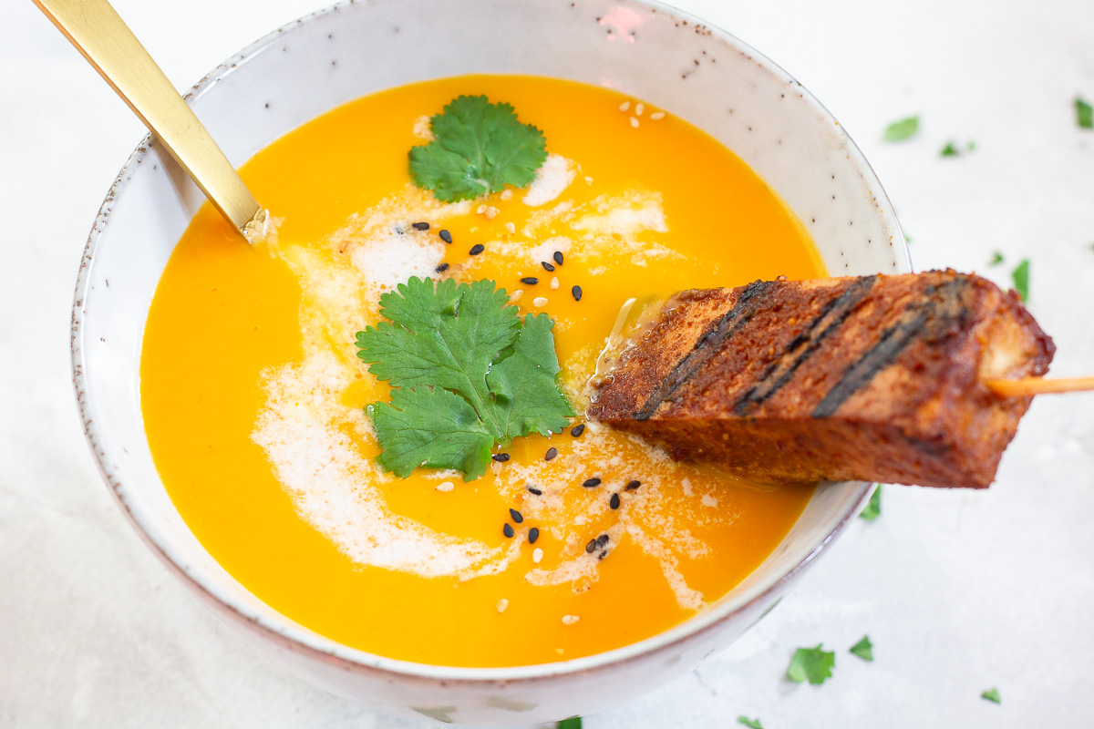 Vegan Thai Pumpkin Soup with Tofu Skewers