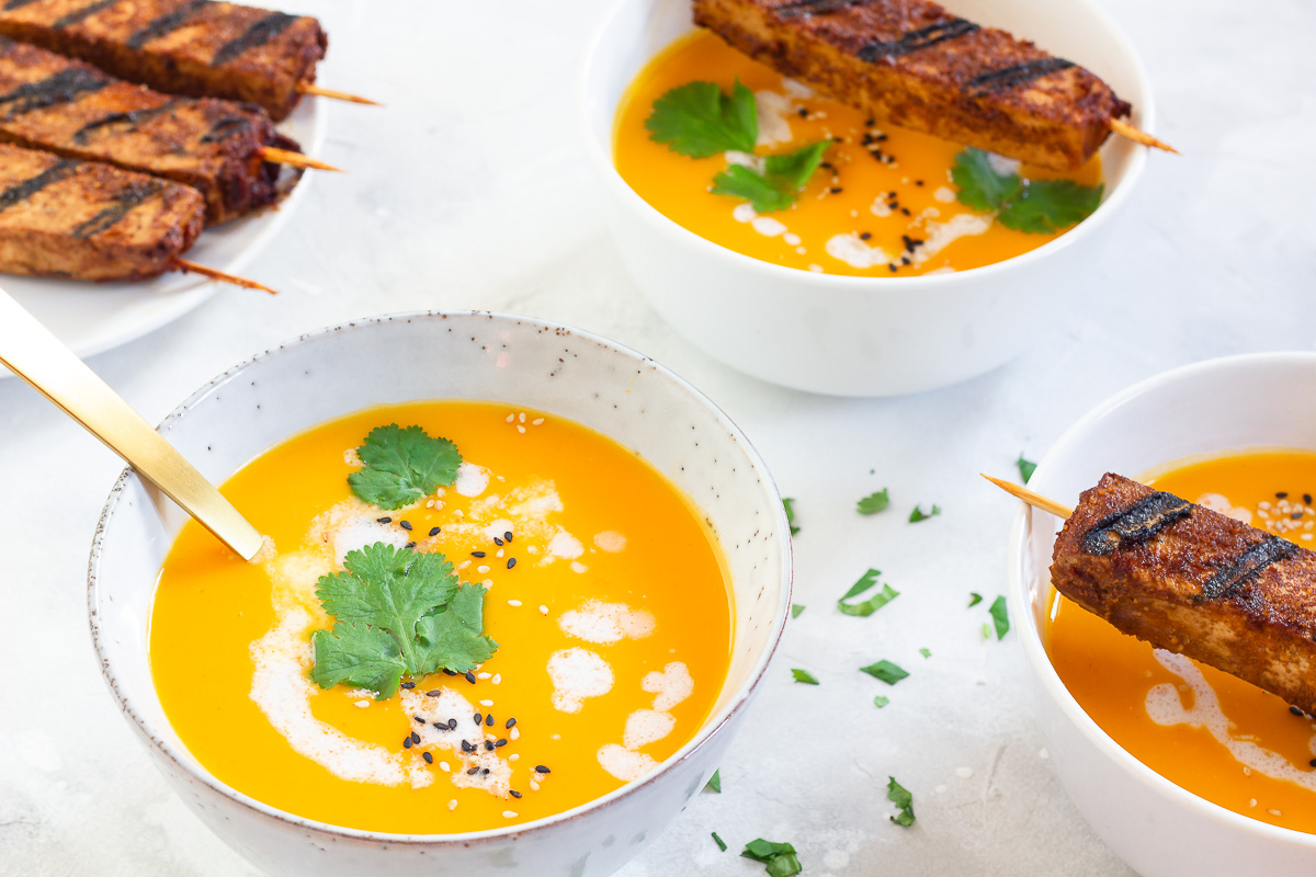 Vegan Thai Pumpkin Soup with Tofu Skewers