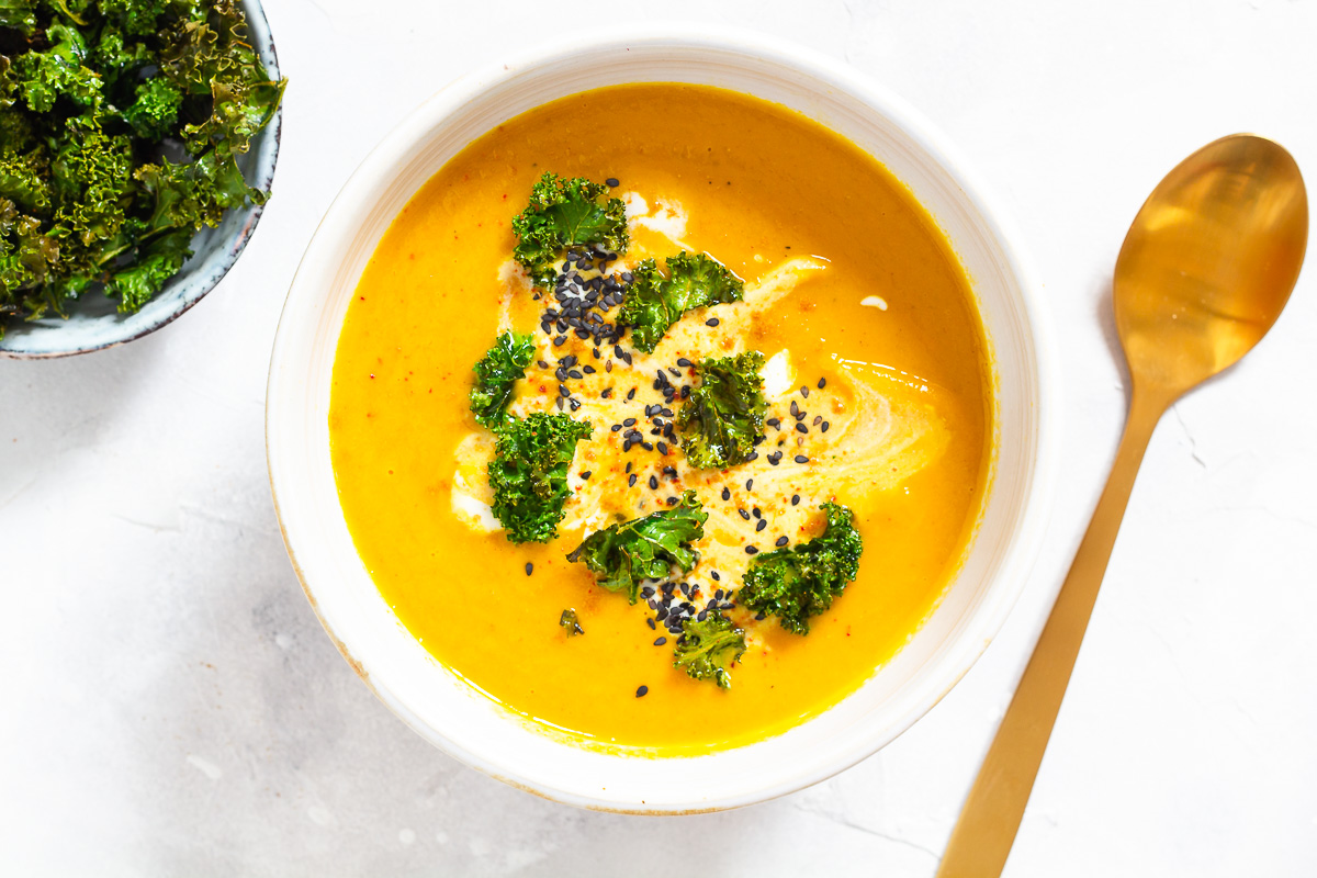 Oriental Carrot Soup with Kale Chips