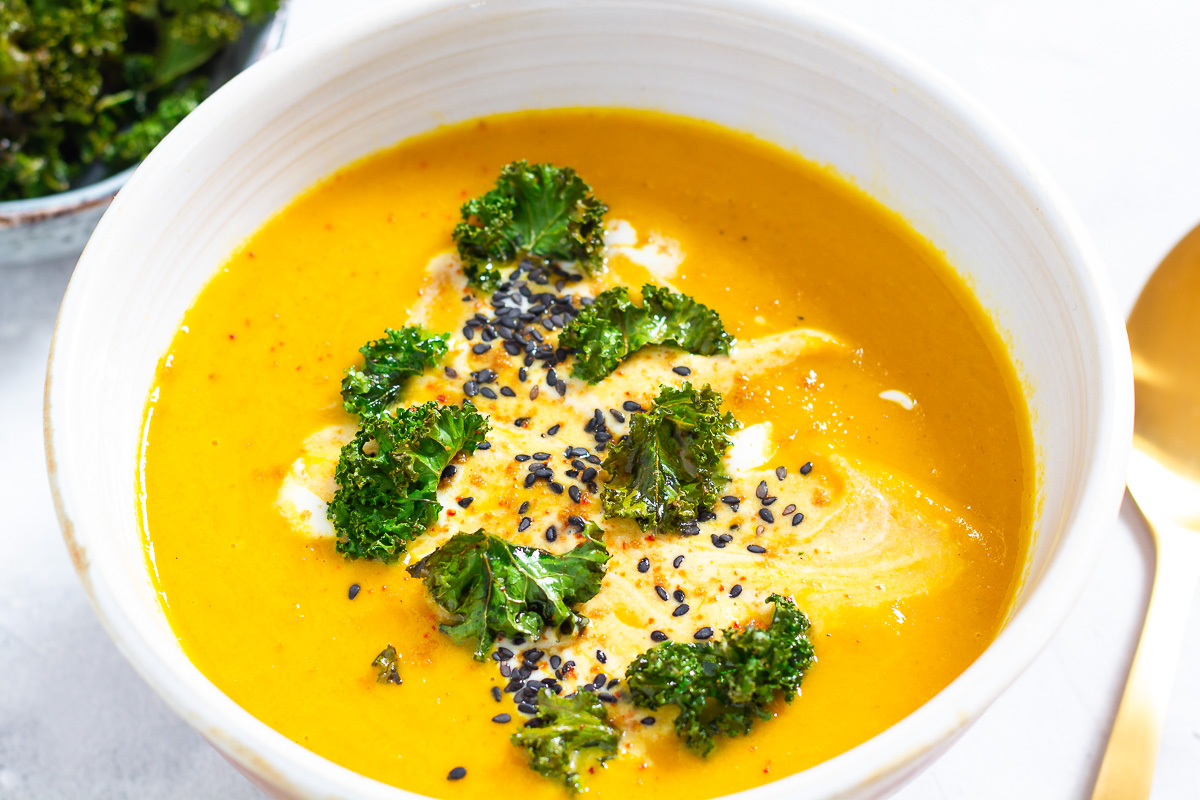 Oriental Carrot Soup with Kale Chips