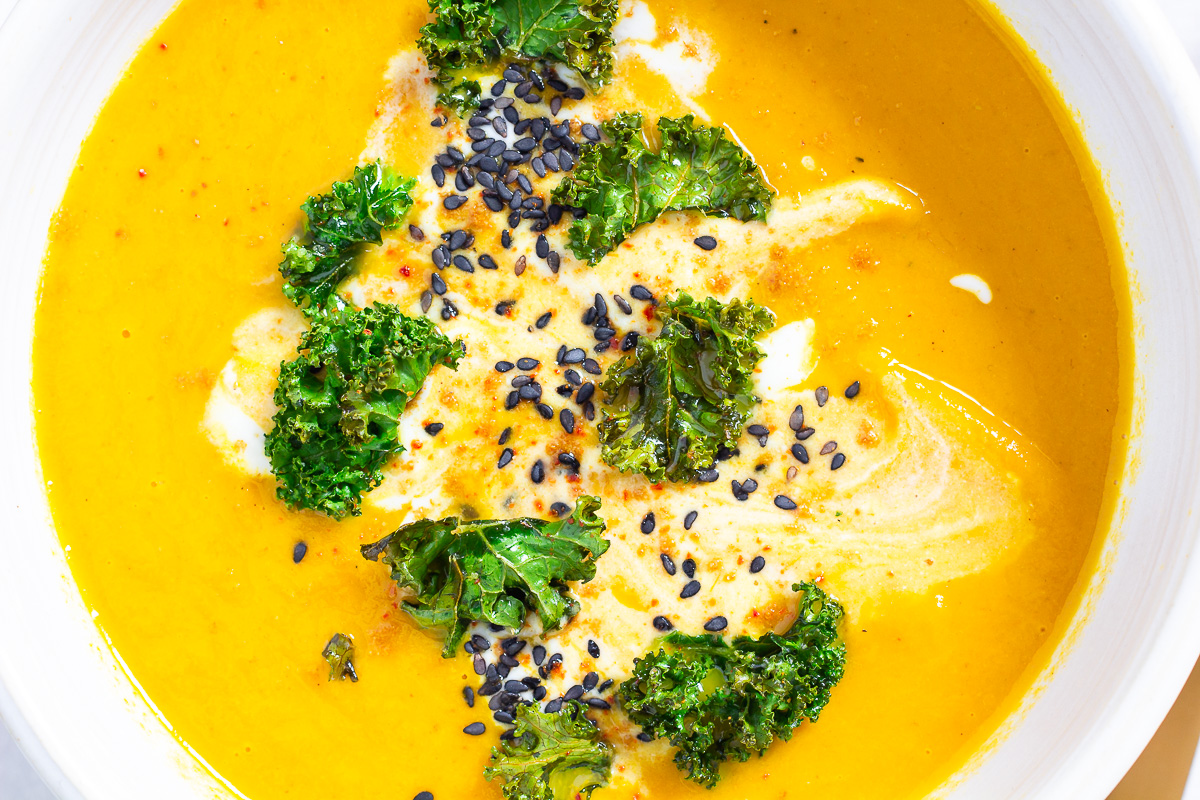 Oriental Carrot Soup with Kale Chips