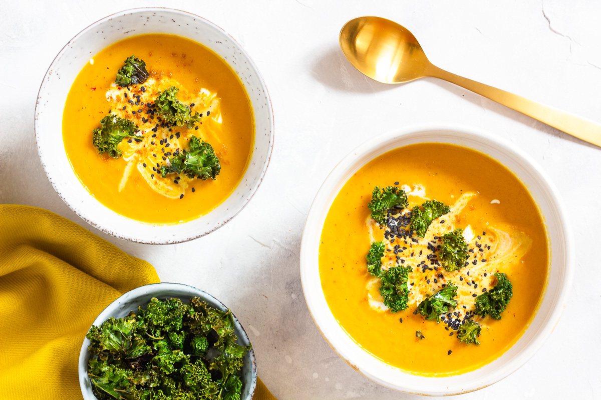 Oriental Carrot Soup with Kale Chips