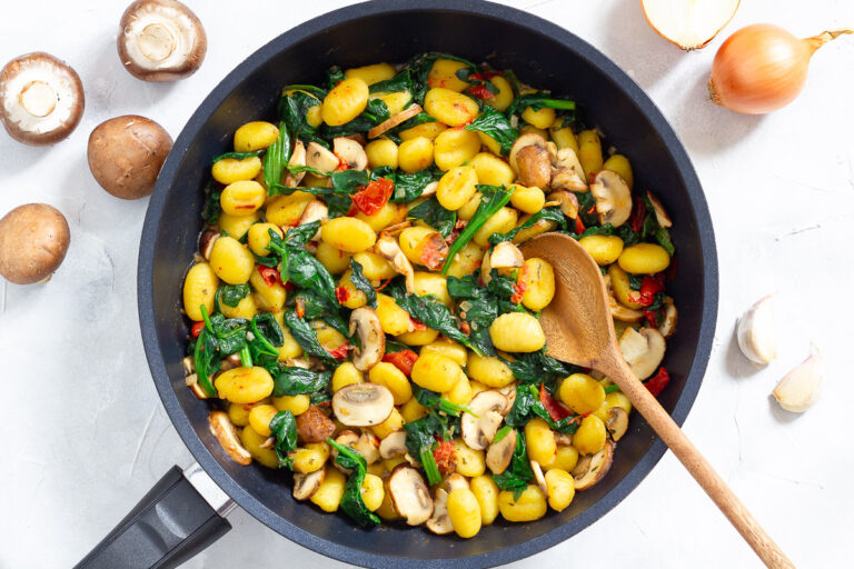 Vegan Pan Fried Gnocchi with Spinach & Mushrooms