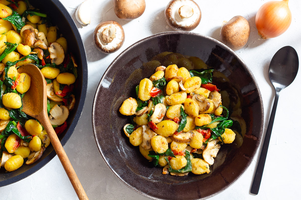 Vegan Pan Fried Gnocchi with Spinach & Mushrooms