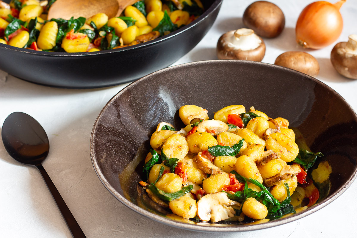 Vegan Pan Fried Gnocchi with Spinach & Mushrooms