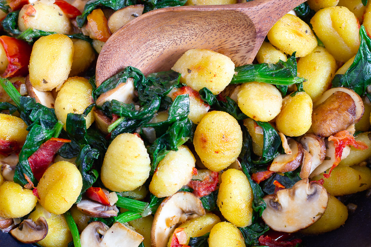 Vegan Pan Fried Gnocchi with Spinach & Mushrooms