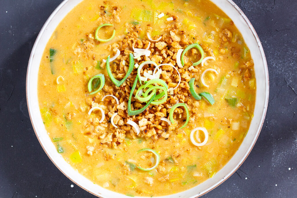 Vegan Leek & Cheese Soup with Mince - Cheap And Cheerful Cooking