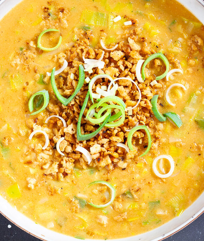 Vegan Leak & Cheese Soup with Mince