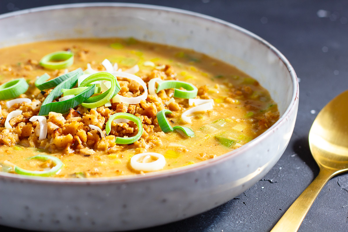 Vegan Leak & Cheese Soup with Mince