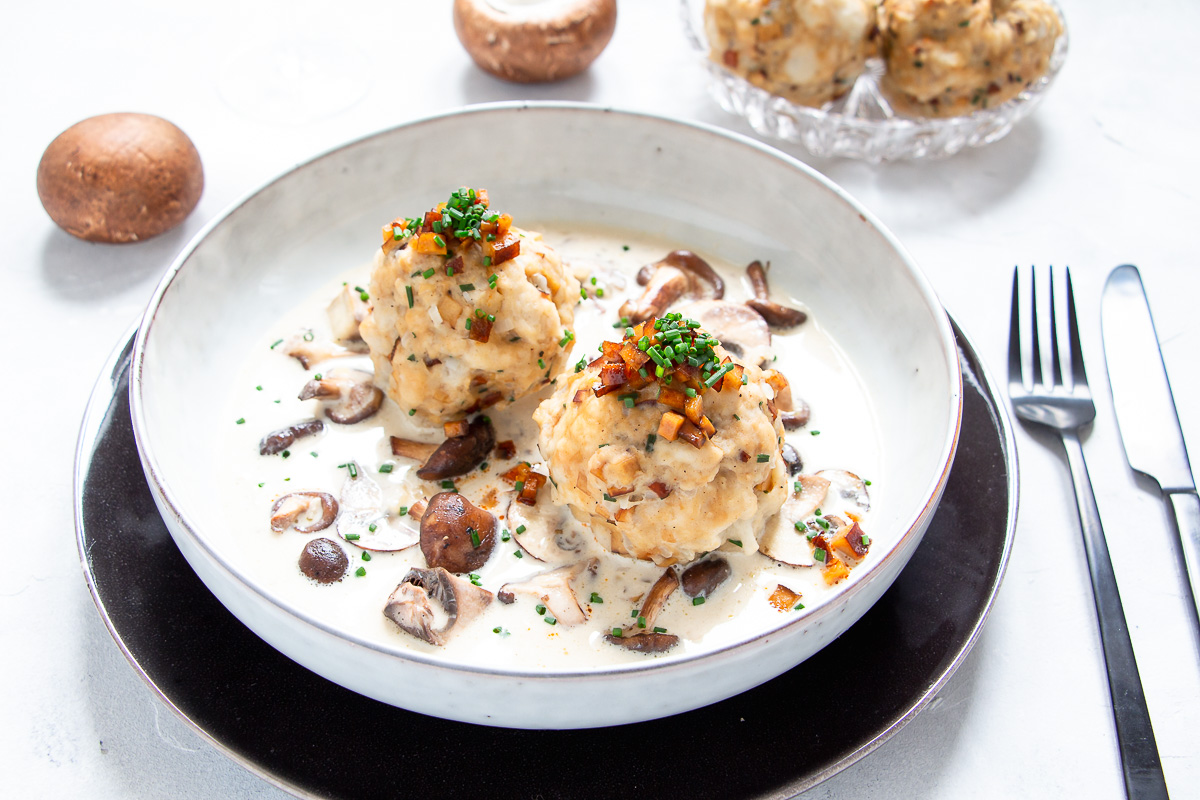 Vegan Tyrolean Bacon Dumplings with Mushroom Cream Sauce