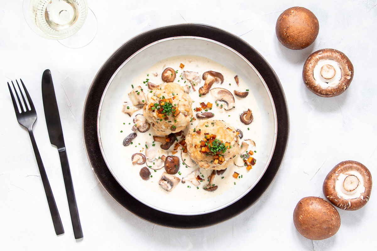 Vegan Tyrolean Bacon Dumplings with Mushroom Cream Sauce