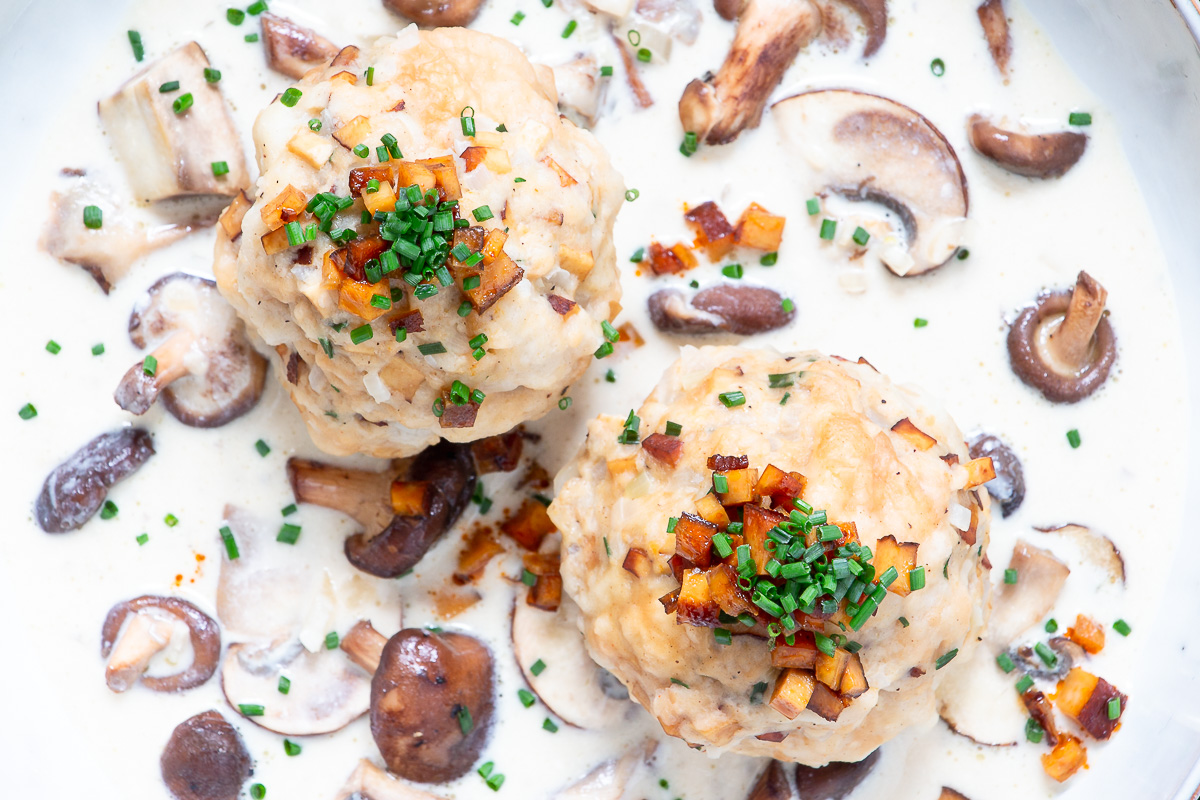 Vegan Tyrolean Bacon Dumplings with Mushroom Cream Sauce