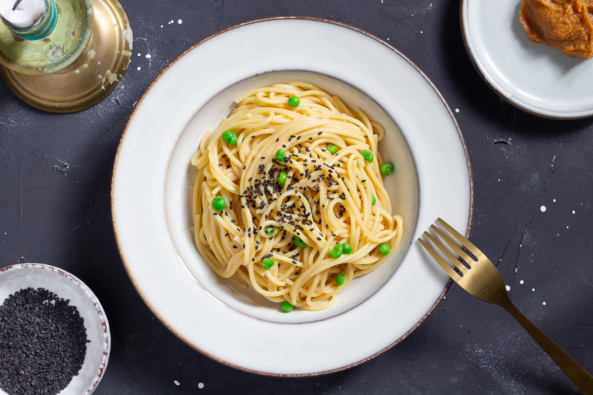 Vegan Miso Pasta with Peas - Cheap And Cheerful Cooking